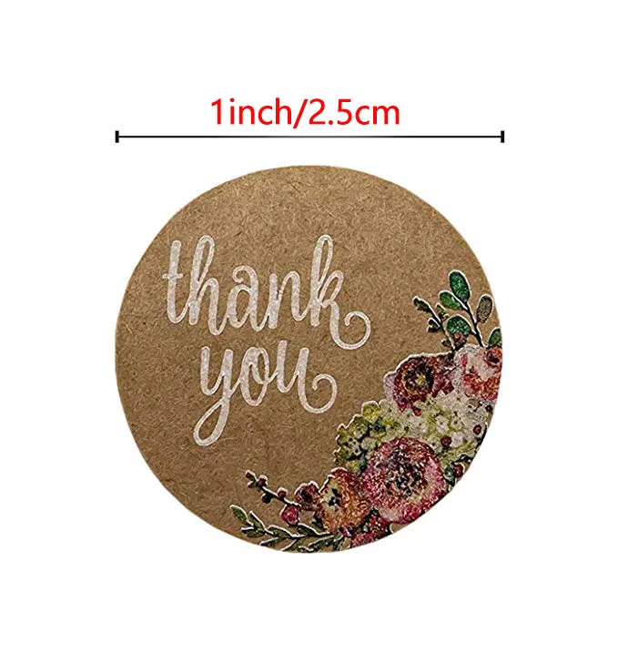 Коричневые наклейки из крафт бумаги с цветочным рисунком и надписью thank you s