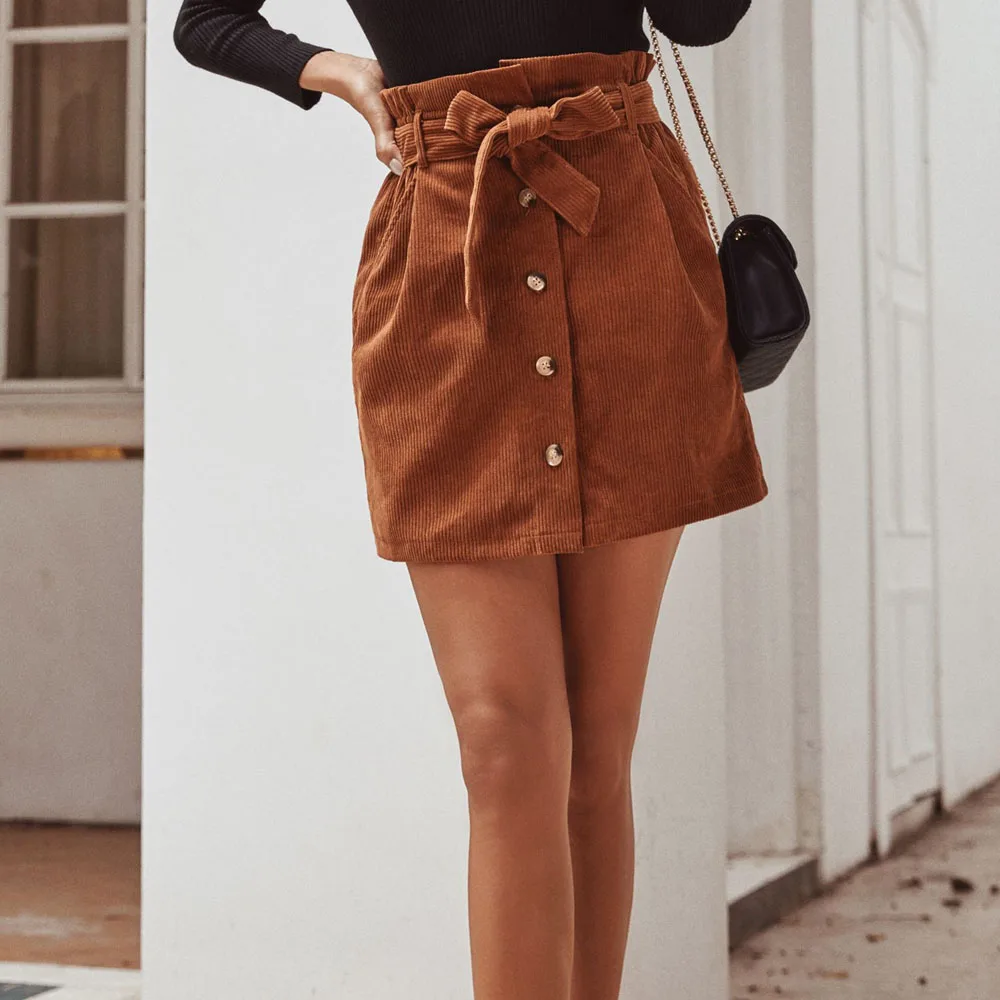 New Brown Lace Up Bow Tie Button Mini Skirts Women Spring Winter A Line Chic Vintage High Paper Waist Corduroy Sexy Belt Skirt