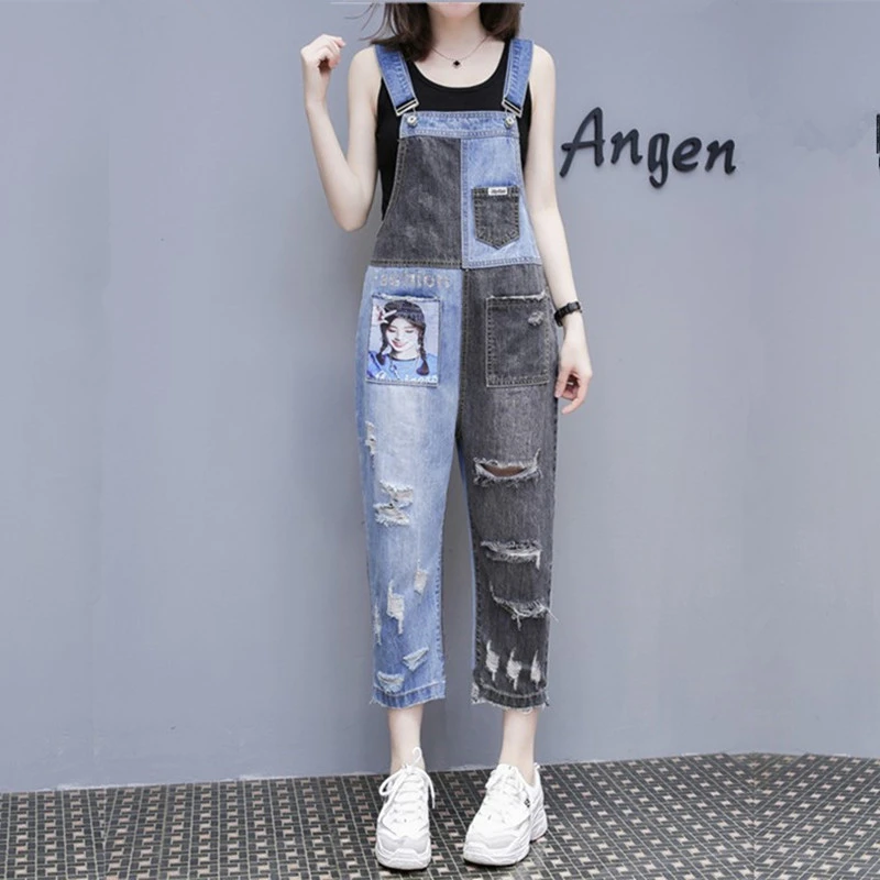 

European Station 2020 Spring Summer New AB Face Stitching Loose Holes Age-reduced Denim Overalls + T-shirt Female Two-piece Set