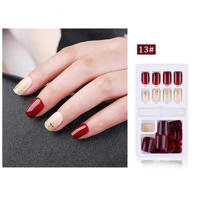 Multicolor Finished DIY Fake Nails with Glue Full Cover Square Patches Removable Repeated Use Of Fake Nail Patches False Nails