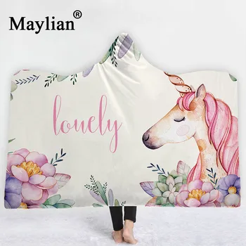 

Unicorn animal Boho Mandala Hooded Blanket Floral Sherpa Fleece Lotus Wearable Throw Blanket Microfiber on Sofa Thick warm B39