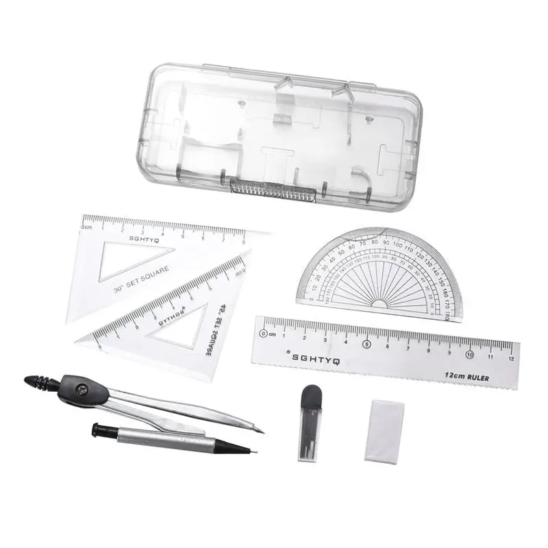 MORE MATHS SET AND TIN CASE BY HELIX COMPASS TRIANGLE RULER PROTRACTOR ERASER 