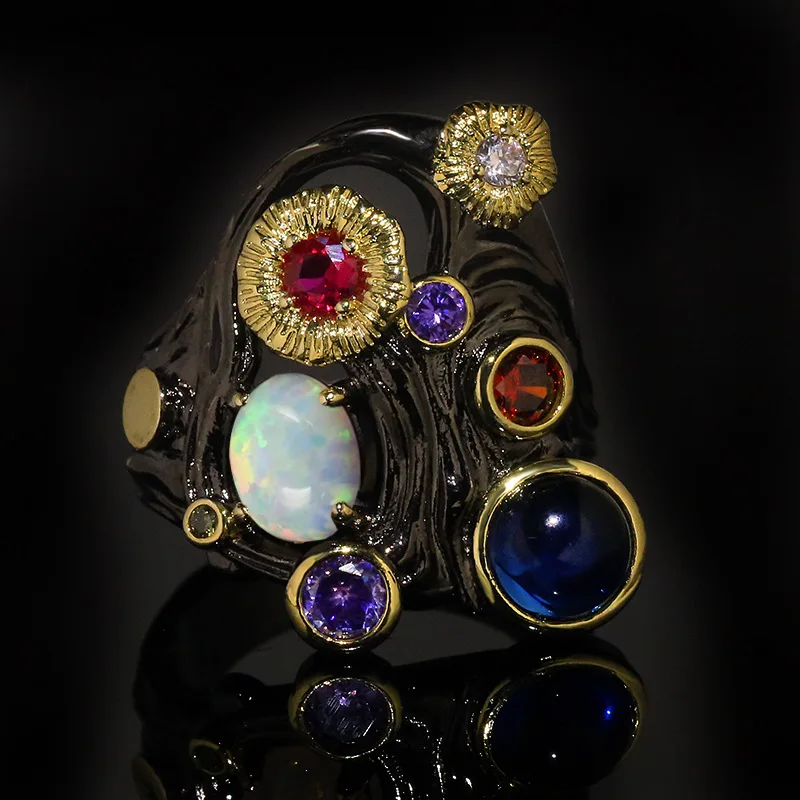 

S925 Silver Unique Design Hip Hop Purple Red CZ Gothic Black Gold Hollow Parties Jewelry Vintage Rings for Women Gift