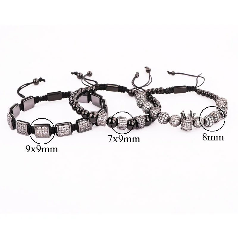 High Quality Luxury Men Jewelry Bracelet CZ Micro Pave Square Beads Crown Charm Adjustable Bracelet Set For Men - Image 6