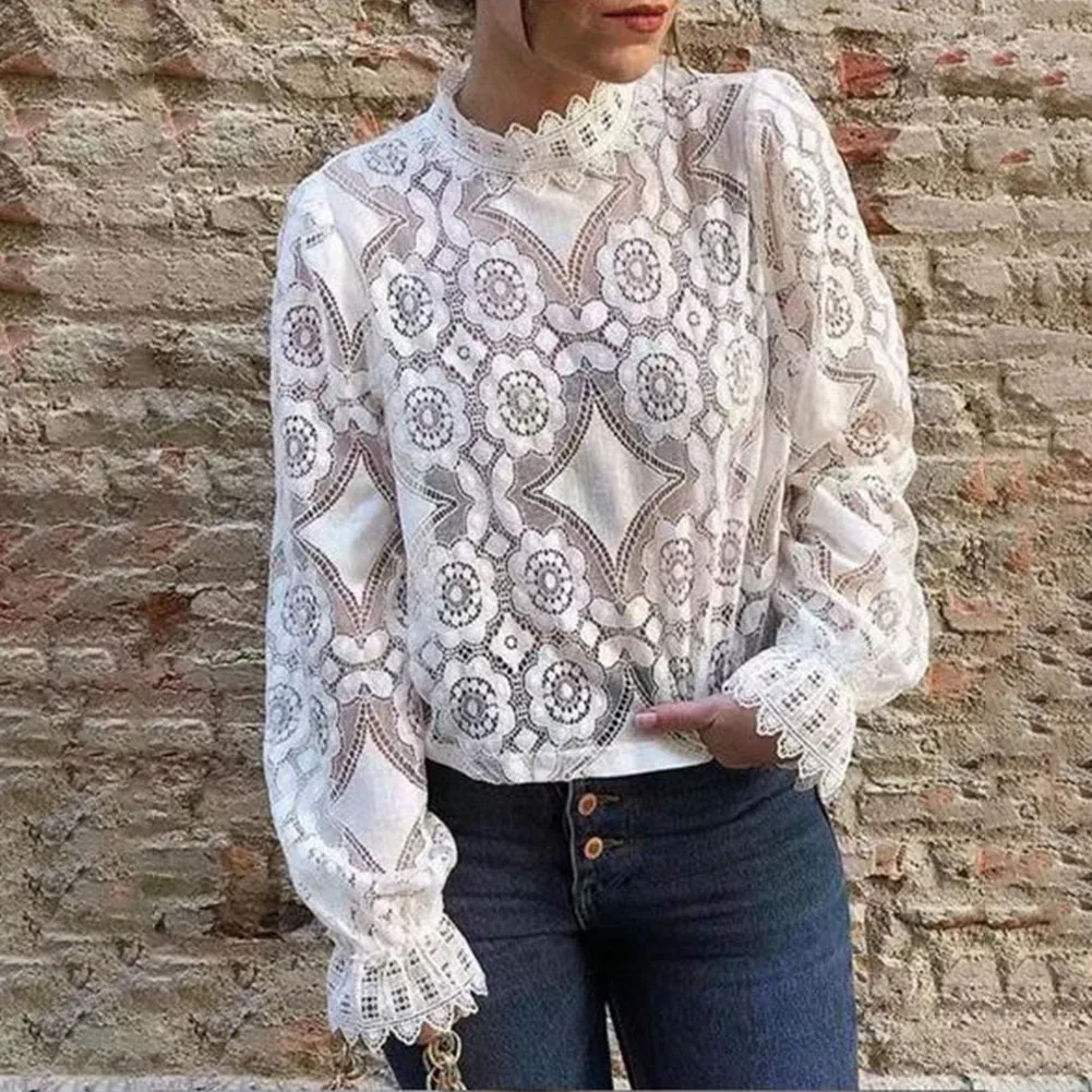 

Summer Sexy Daily Autumn Dating Slim Stylish Soft Elastic Cuff Travel Stand Collar Women Blouse Hollowed Lace Long Sleeve