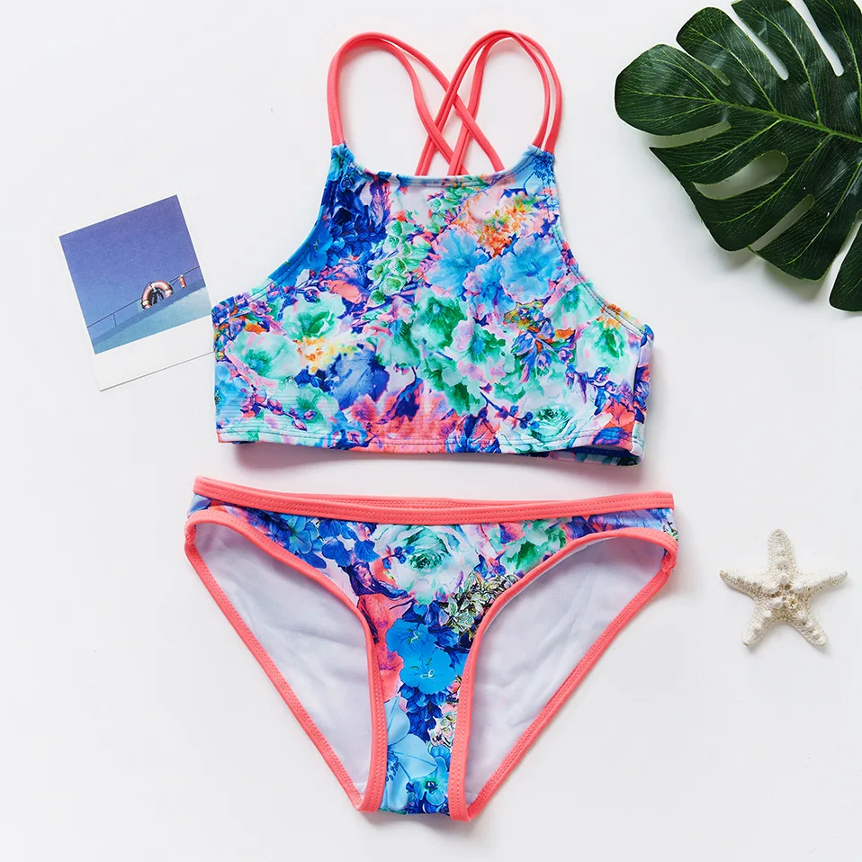 

2019 Girls Swimsuits Printed Flower Two-pieces Tankini Suits Summer Girls Bathing Suits Cute Beach Wear For Girl 9014
