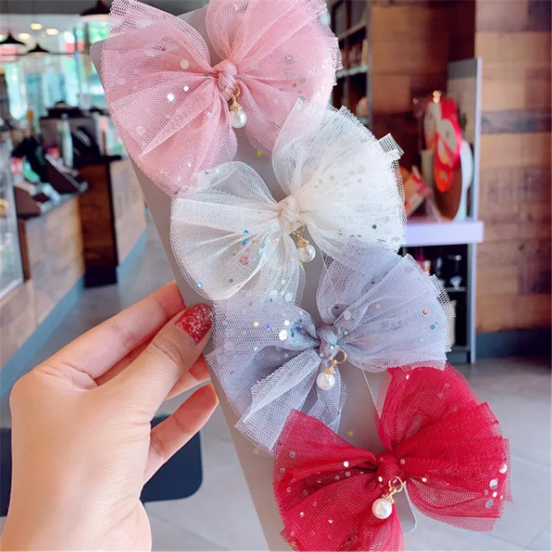 

10pcs/lot Mesh Hair Clip For Kid Girls Bow Hair Accessories Hairpin Beautiful Yarn Bow Pearl Pendant Princess Barrette Headdress