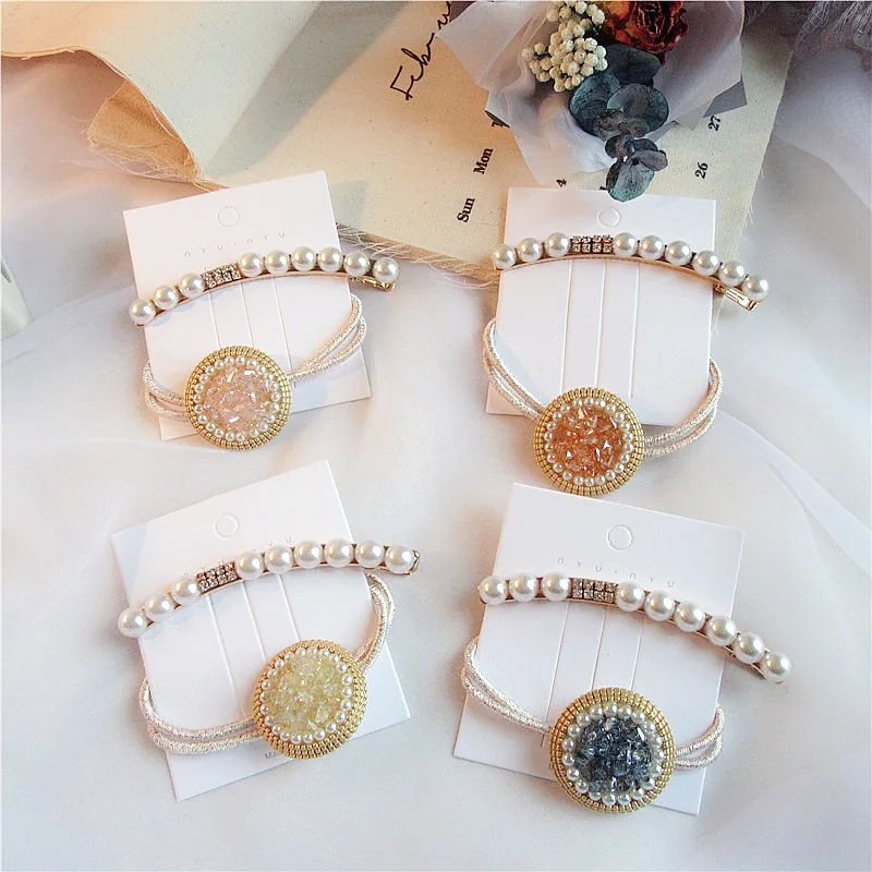 

Korean Fashion Sweet Girl Exquisite Rhinestones Imitation Pearl Hairpins Women Temperament Crystal Hair Rope Accessories Set