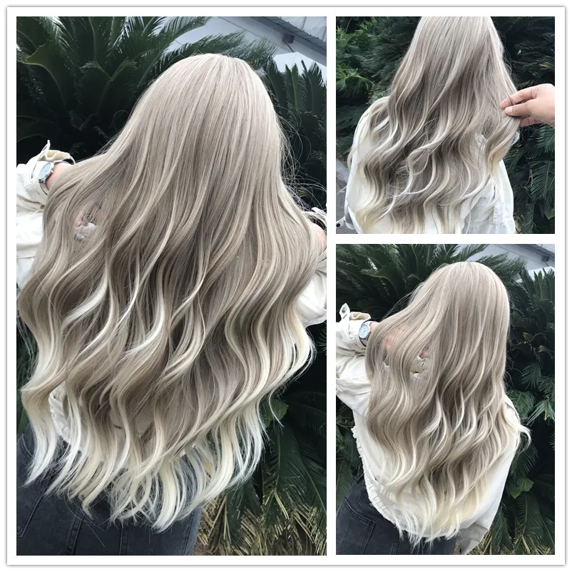Крошечные LANA длинные Омбре волнистые парики коричневый блонд средняя часть косплей синтетические парики с челкой для женщин длинные волосы парики поддельные волосы - Цвет: LC237-3