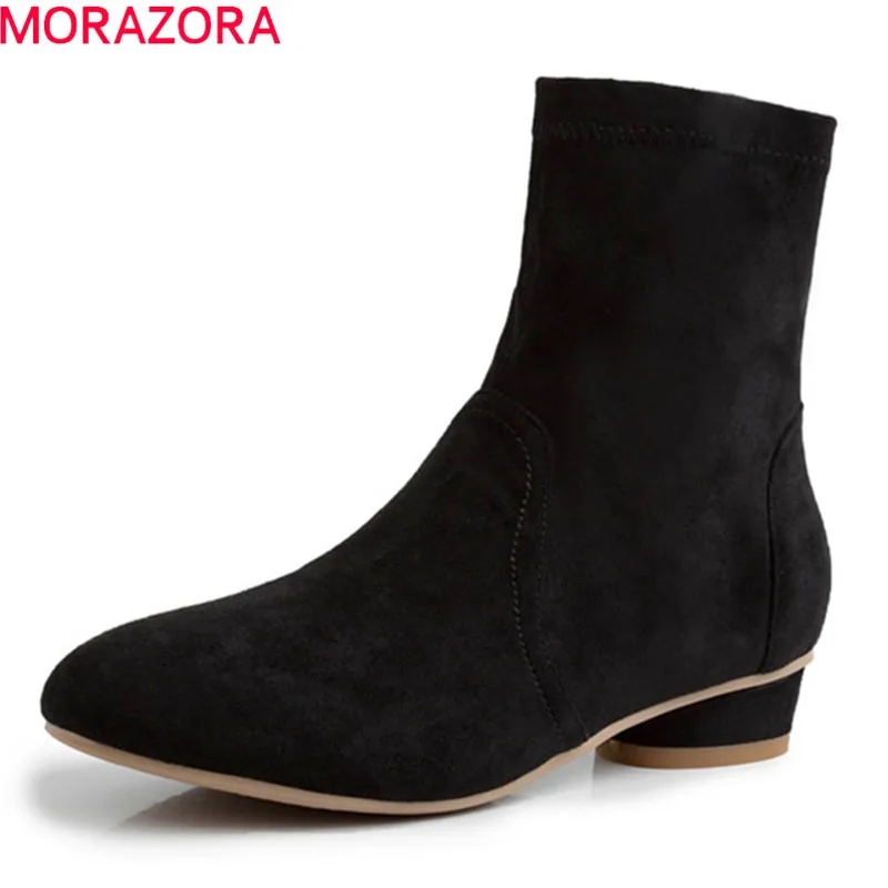 

MORAZORA 2020 hot sale women ankle boots flock round toe autumn boots slip on comfortable low heels shoes female big size 43