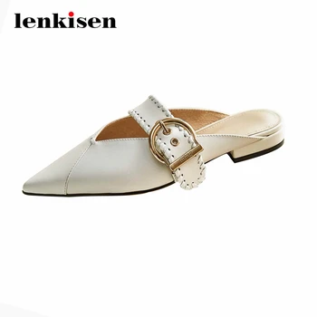 

Lenkisen high fashion handmade convenient genuine suede metal fastener pointed toe low square heel mules slip on women pumps L23