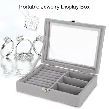 

Velvet Gray Carrying Case with Glass Cover Jewelry Ring Display Box Tray Holder Storage Box Organizer Earrings Ring Bracelet Box
