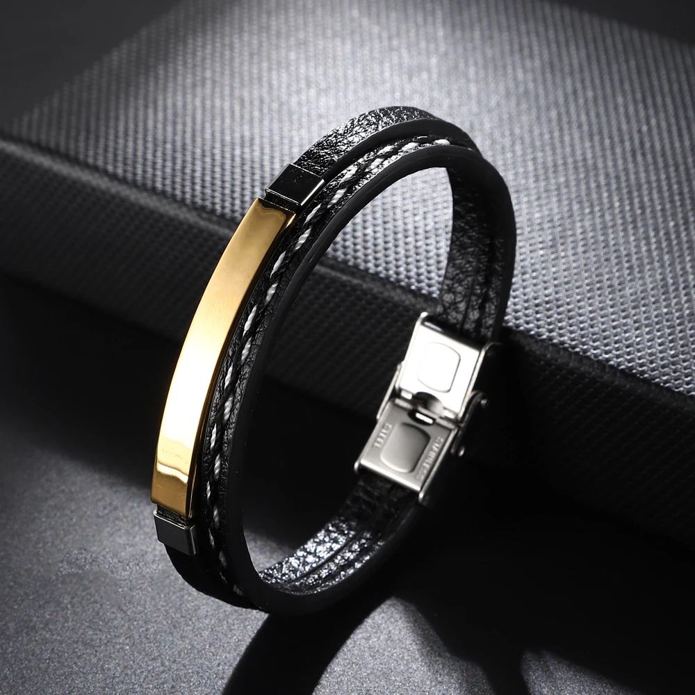 Engraved Name Genuine Leather Bracelet Double Layer Design Black Golden Stainless Steel for Men Punk Jewelry Gift Free Shipping - Image 4