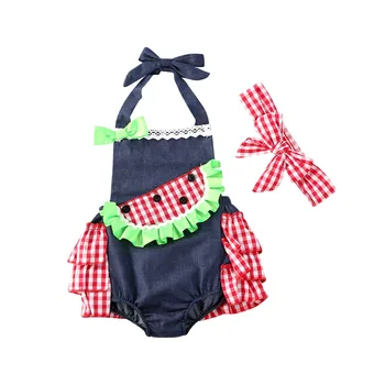 

2020 0-18M Toddler Infant Baby Girl Bodysuit Summer Sleeveless Watermelon Plaid Halter Ruffle Jumpsuit Clothing Playsuit