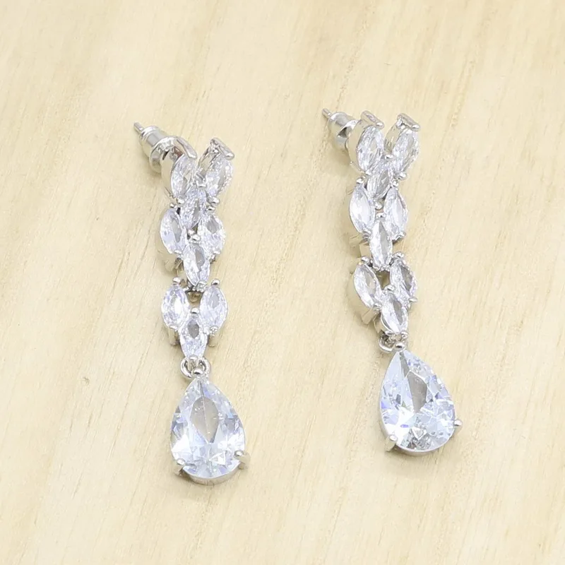 Серебряные Свадебные Ювелирные наборы для женщин белый кубический цирконий ожерелье длинные серьги подарок на день рождения