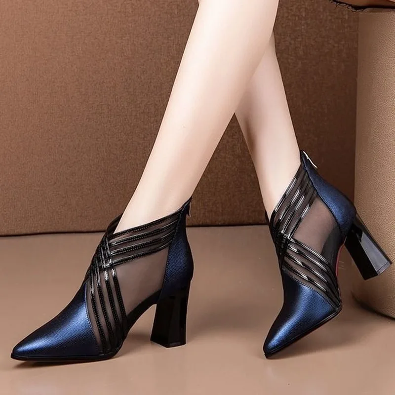 

2020 Spring Summer Womens Mesh Patchwork Square High Heeled Pointed Toes Short Ankle Boots Ladies Elegant Delicate Pretty Shoes