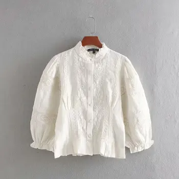 

Autumn new cotton patchwork embroidery blouse three-quarter sleeve lady white shirt hollow design