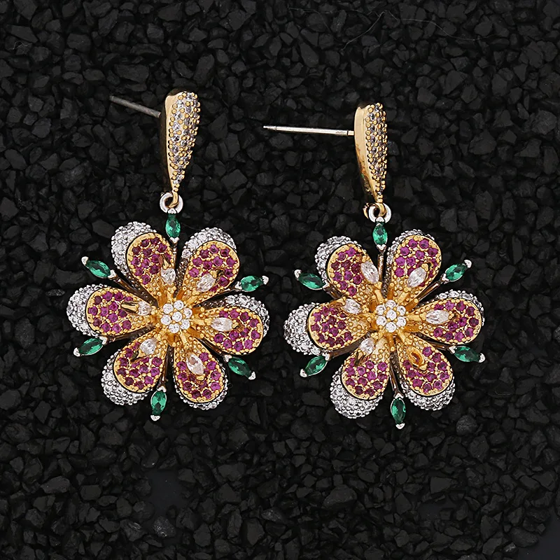 Boho красочные розовое золото серьги с цветком из циркона для женщин Роскошные