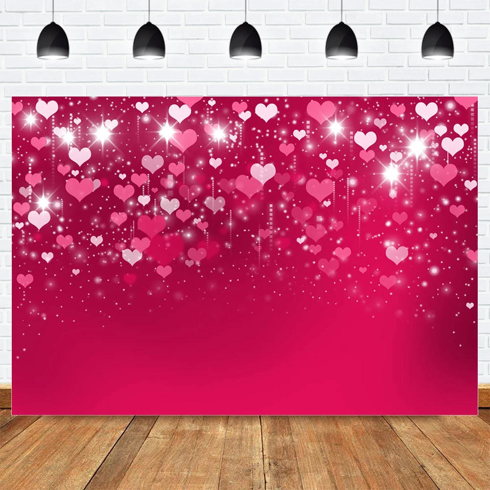 New Love Heart Backdrops for Photography 7x5ft Pink Red Shiny Valentines Day Rustic Wood Bokeh Photo Background for Pictures Customized Photo Booth Props