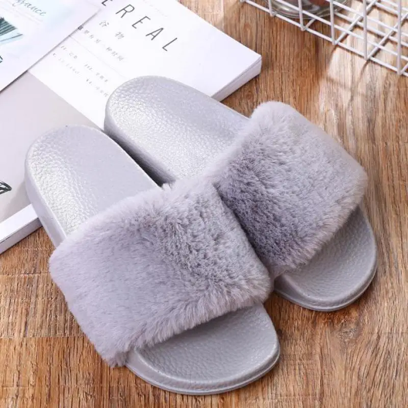 

Lady Fur Fluffy Slippers Warm Women Flat Shoes Fashion Indoor Home Flip Flops 2020 Spring Autumn Women Footwear House Slippers