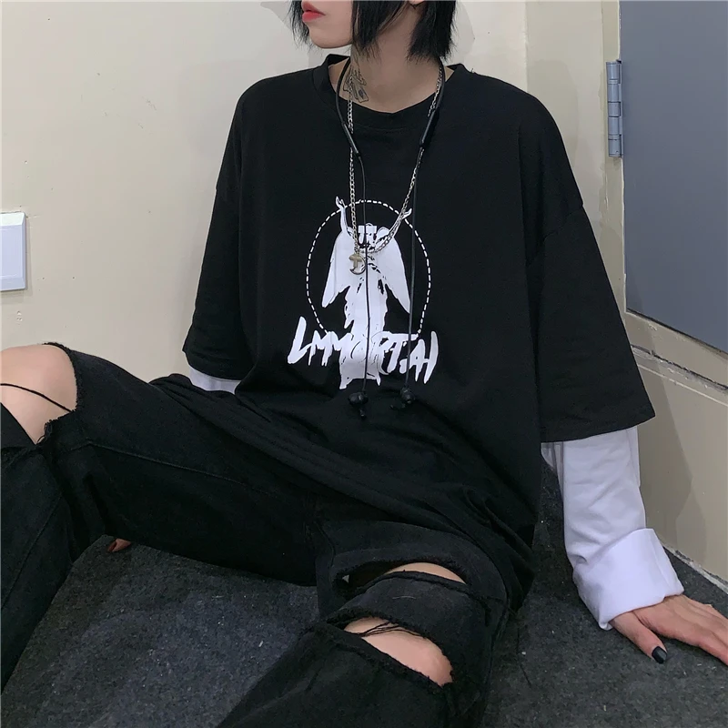 Lychee Harajuku Лоскутная темная ведьма с буквенным принтом женская футболка Поддельные 2 штуки осенние женские футболки женская футболка с вырезом лодочкой
