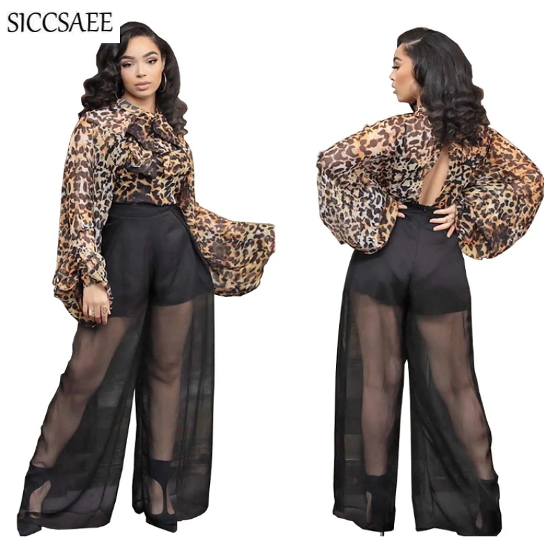 

Puff Sleeve Open Back Chiffon Leopard Printed Jumpsuits And Rompers For Women 2020 Wide Leg Mesh Long Pants Sexy Korean Fashion