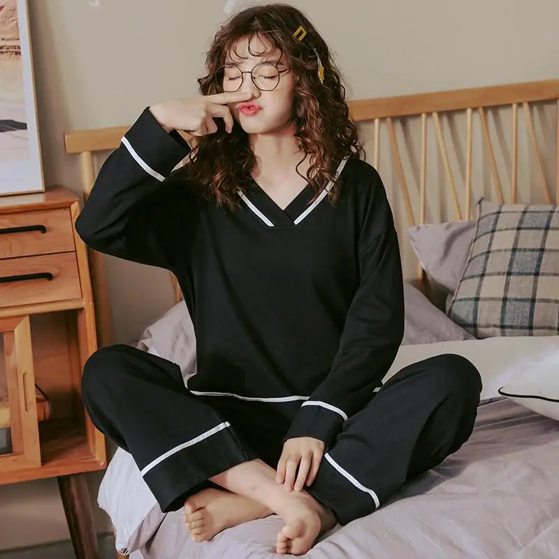 

V-Neck Sleepwear Women Black Nighty Pajamas Sets Cute Bow Long Sleeve Long Pans Pijamas Pyjamas Casual Homewear