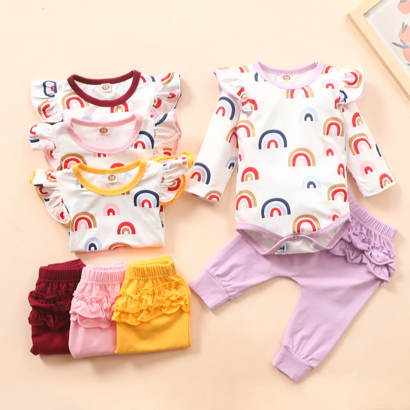 

0-24Months baby girl romper Newborn Infant Baby Girls Rainbow Print Romper Tops Ruffles Pants Outfits Set warm and convenient M5
