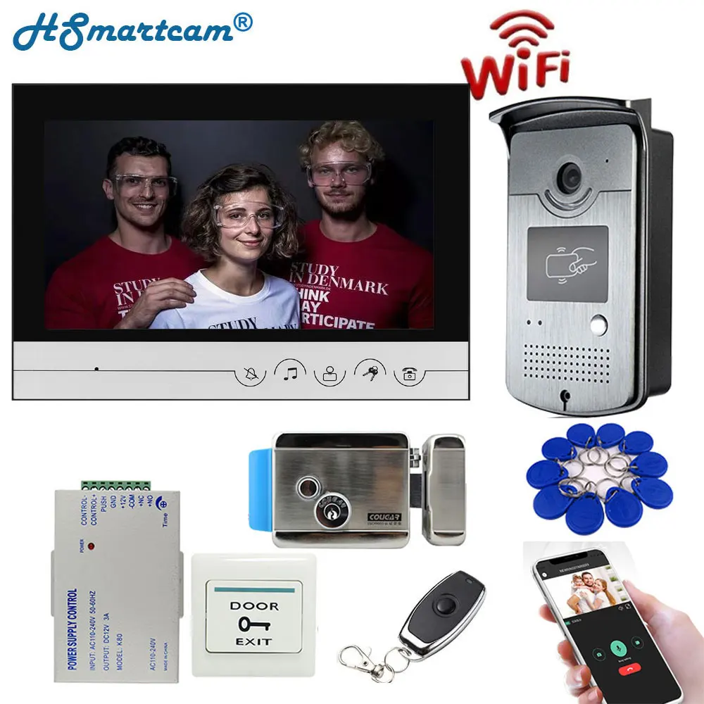 9 inch WIFI Video Door Phone Intercom Entry System 1 Monitor + 1 RFID Outdoor Camera + Electric Lock APP Phone Unlock