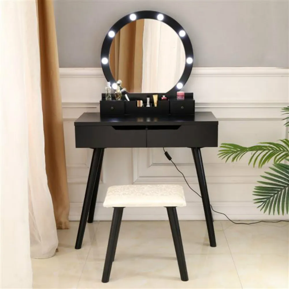 

FCH Dressing Table With Single Round Mirror With 8 Cold Light Bulbs 4 Drawers Black