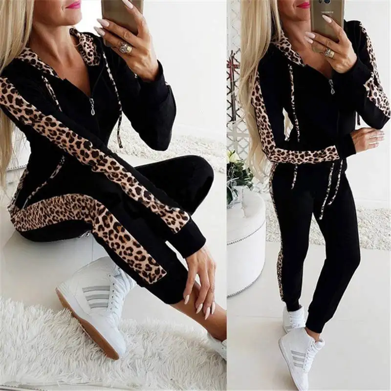

Autumn Winter Fashion Tracksuit Women Splice Fleece Leopard Print Coat with Hood Two Pieces Set Hoodies Long Pants Suit