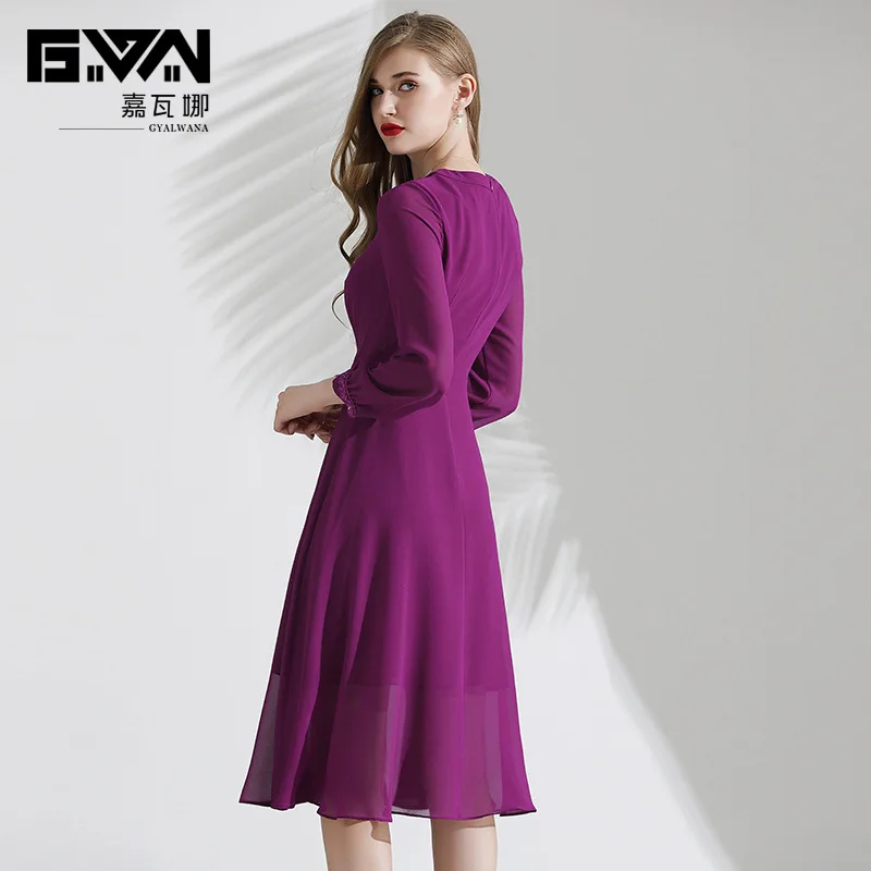 Офисное женское платье, новинка, осеннее платье с длинным рукавом, высокое качество, фиолетовое шифоновое элегантное платье средней длины