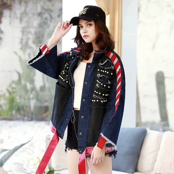 

Woman Ribbon Single Breasted Long Sleeve Female Coats Beading Loose Denim Coat