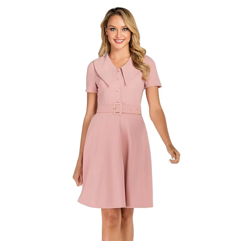 

Pink Dresses Womens Formal Big Shirt Collar Short Sleeves Vintage Dress with Pocket and Belt Vestido Rockabilly
