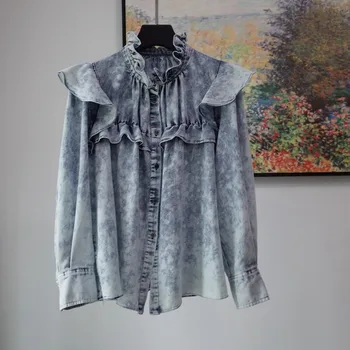

Women Shirt Soft Denim Ruffle Shirt