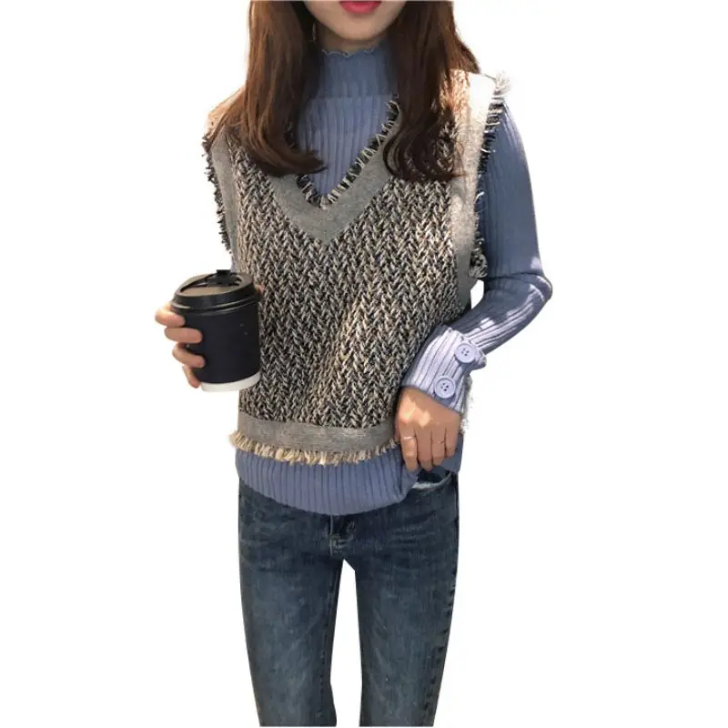 Women Sweater Autumn Winter Slim Sweet Sweater Stitching Color Pullover V-neck Loose Sweater For Women