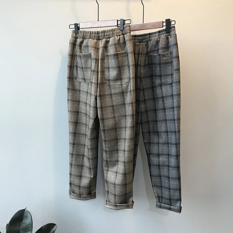 Casual pants women's autumn and winter new Korean version LOOSE WOOL PLAID Harun pants high waist 9-point pants