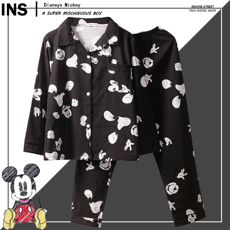 Caiyier женский черный пижамный комплект с принтом Микки Мауса, пижама с длинным рукавом, Хлопковая женская повседневная домашняя одежда с отложным воротником