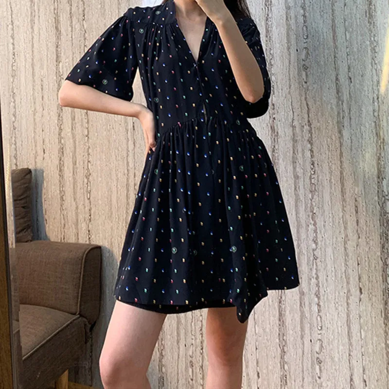 

Colorful Dot Print Women Dress Summer Short Sleeve Deep V Neck False Two Pieces Mini Dress