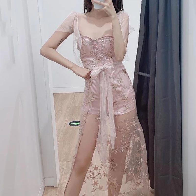 SeeBeautiful, новая мода, весеннее простое вышитое платье с блестками и коротким рукавом, кружевное платье с бантом и высокой талией, женское платье с вышивкой Q787