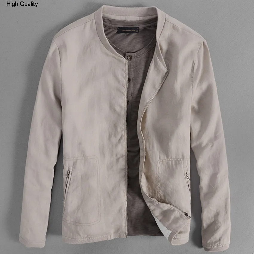 pure natural linen jacket men V-neck zipper solid spring khaki black Army Green Dark blue thin causal | Мужская одежда