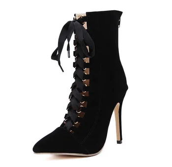 

2020 Largest Design Woman Shoes Pointed Toe Suede Ankle Boots Cross-Tied Ankle Strap Spring Sexy Feminina Motorcycle Shoes