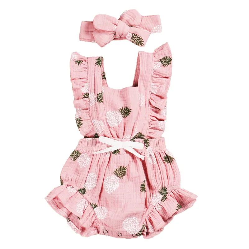 Baby Bodysuits Fur 0-18M Newborn Baby Girl Summer Romper Sleeveless Ruffle Print Jumpsuit For Newborn Girls Headband 2pcs Outfits Newborn Sailor Romper Girls Boy Costume Anchor