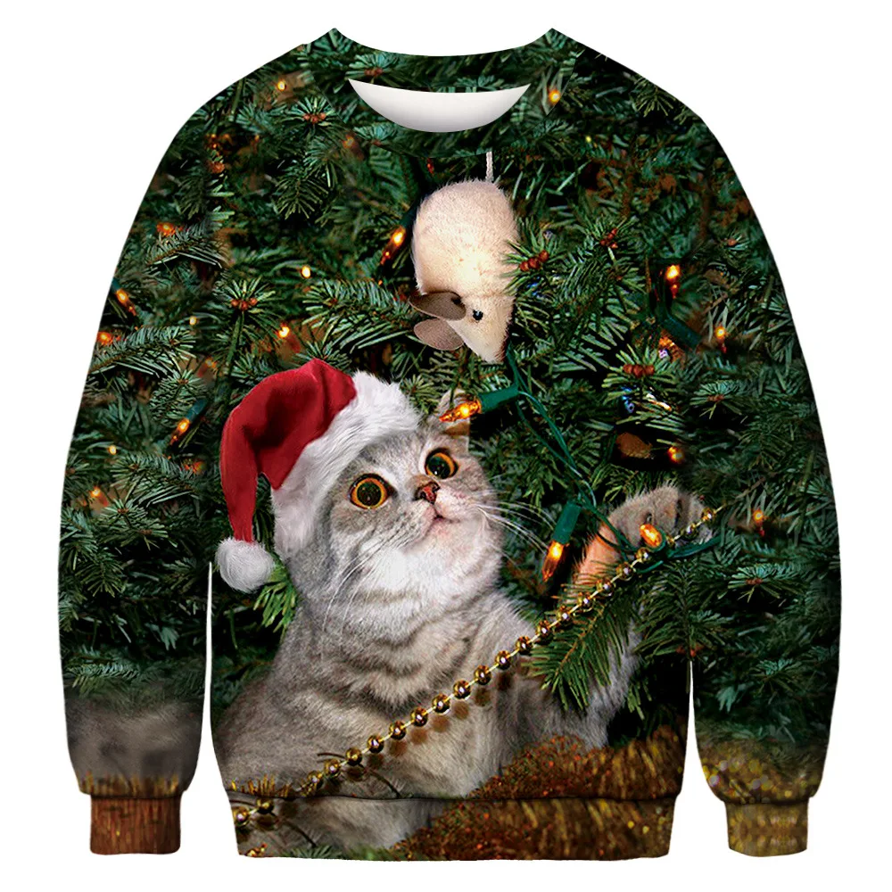 Уродливый Рождественский свитер с 3D космическим галактическим котом, джемпер для мужчин и женщин, с круглым вырезом, с длинным рукавом, с капюшоном, топы, пуловер, толстовка, толстовка