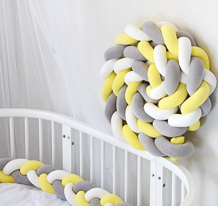 YellowGray-L 3M Baby Handmade Nodic Knot Newborn Bumper Long Knotted Braid Pillow Baby Bed Bumper In The Crib Infant Room Decor - Цвет: YellowGray-L