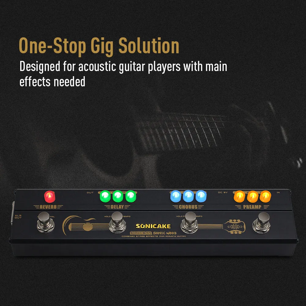 SONICAKE Sonic Wood Acoustic Guitar Preamp DI Box Multi Effects Chorus Delay Reverb Pedal with XLR Output QCE-50