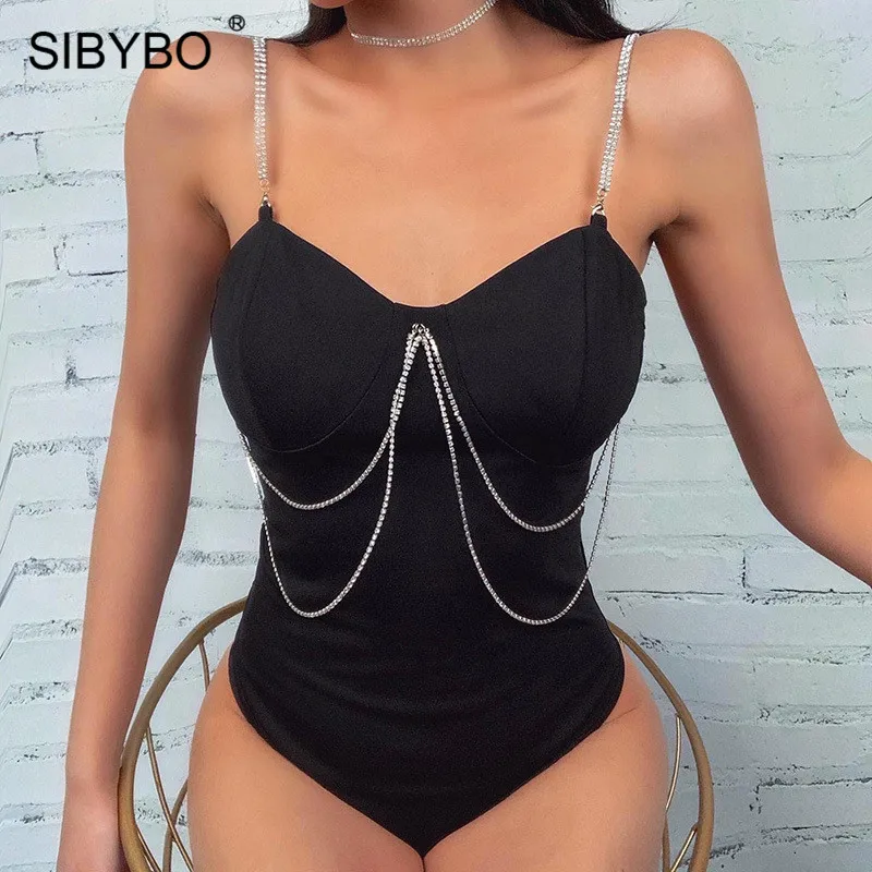 SIBYBO Diamonds Spaghetti Strap Sexy Bodysuit Women Sleeveless Skinny Summer Women Rompers Black Backless Beach Bodysuit Tops SIBYBO Diamonds Spaghetti Strap Sexy Bodysuit Women Sleeveless Skinny Summer Women Rompers Black Backless Beach Bodysuit Tops
