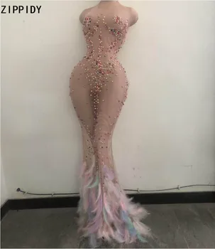 

Colorful Pearls Feather Tail Nude Mesh Long Dress Birthday Celebrate Outfit Prom Dance Female Singer Show Dress