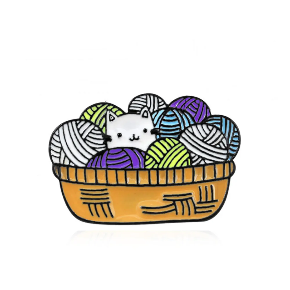 

Cute cat hiding in colored yarn balls Enamel brooch Sweet kawaii creative animal cat badge Sweater denim backpack pin