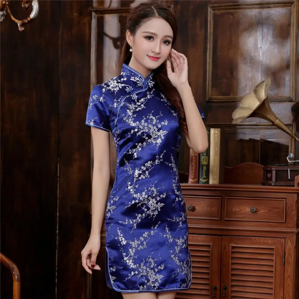 Светло-Розовое женское платье Чонсам для женщин Qipao с коротким рукавом Элегантные Формальные платья большого размера 3XL 4XL 5XL 6XL сексуальные платья - Цвет: Navy Blue C